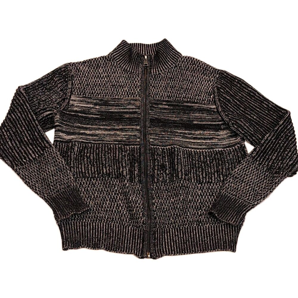 GUESS Mens Knit Full Zip Sweater Medium Black Gray Heathered Cardigan